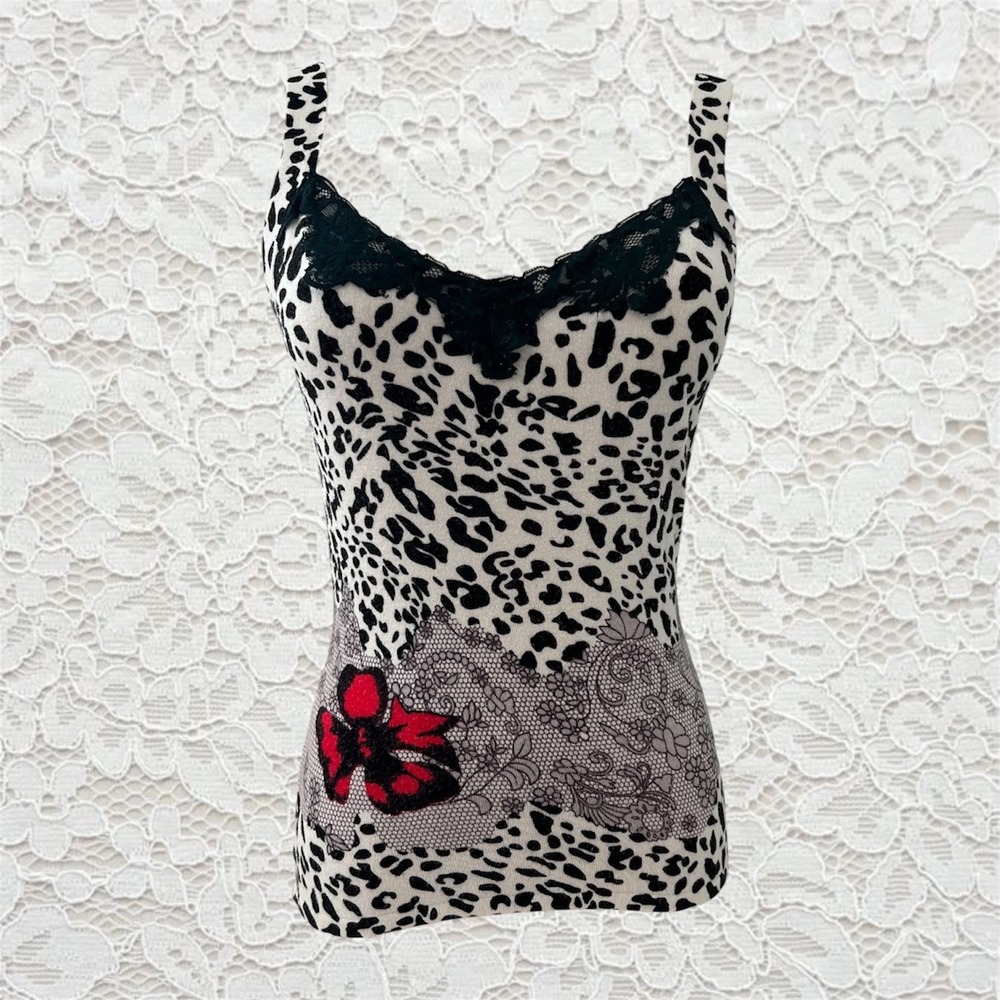 vintage 90s black & white leopard lace‎ trim tank top with red flower detail